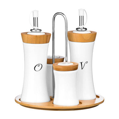 4pc Bamboo And Ceramic Condiment Set