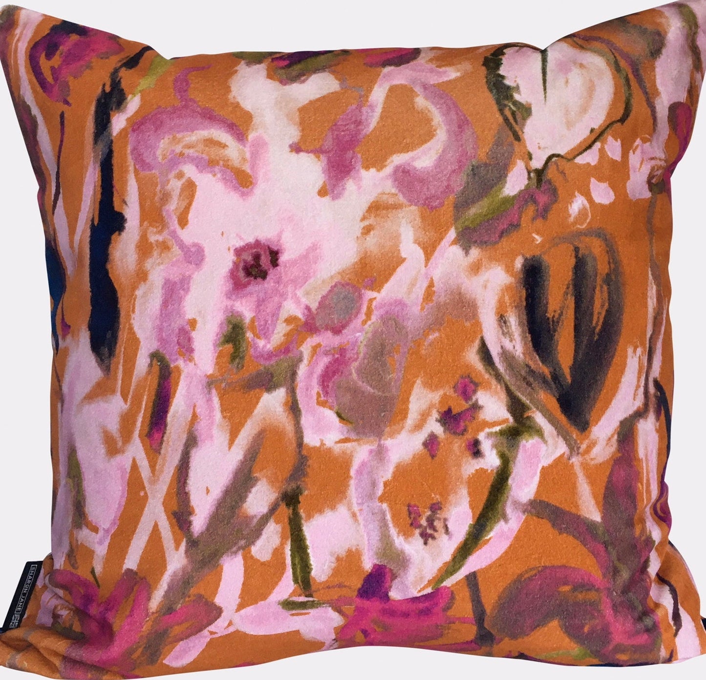 Watercolour Floral Velvet Cushion - Burnt Orange