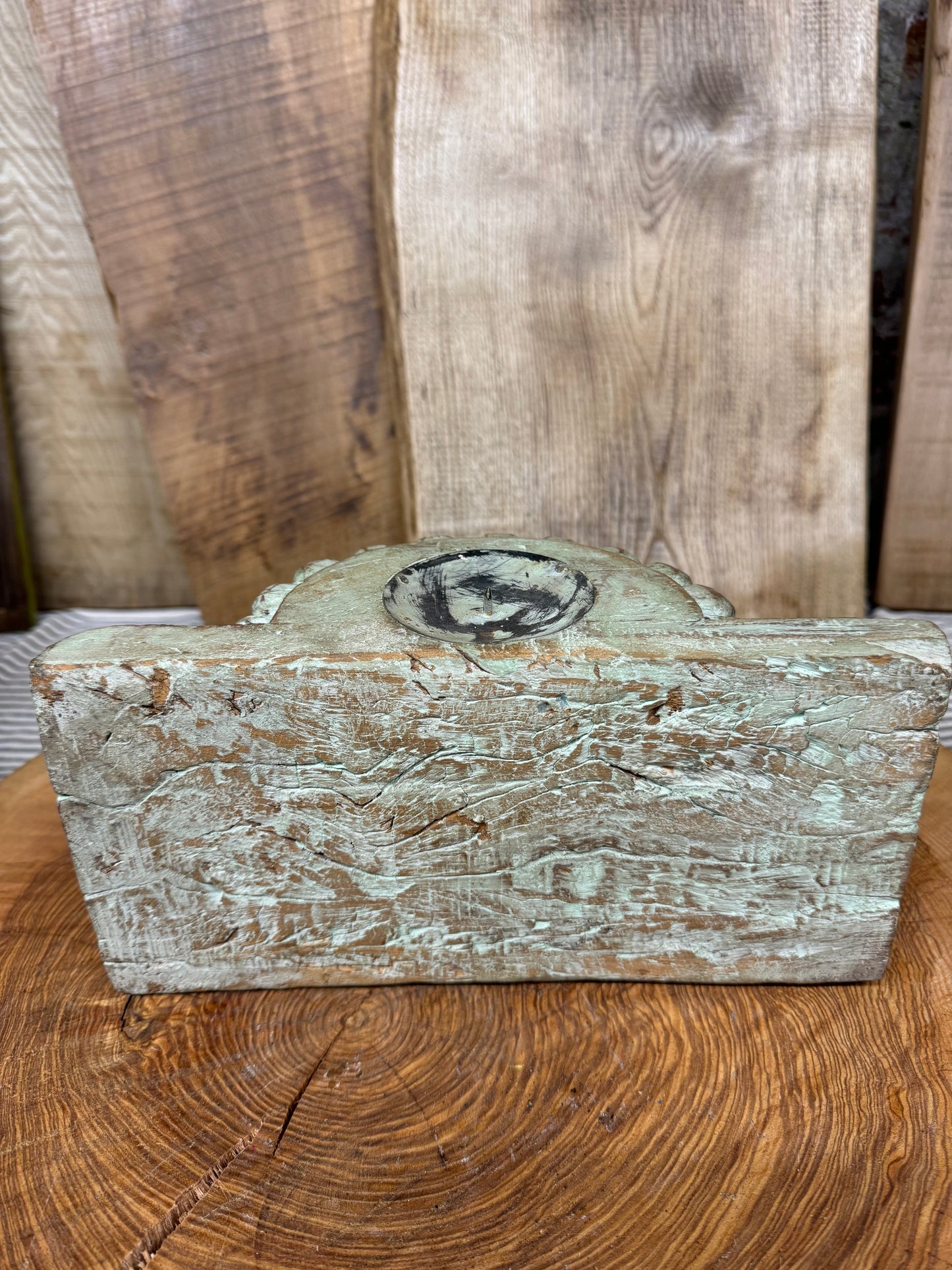 Rustic Church Candle Holder / Indian Pillar Base Holder / Farmhouse Decor Green