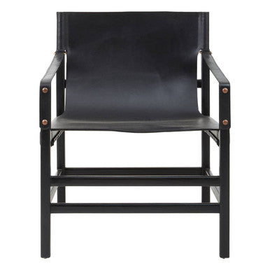 Kendari Black Leather and Teak Wood Chair
