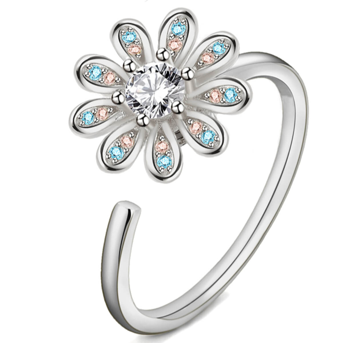Anti Anxiety Blue Diamond Daisy Ring - Silver