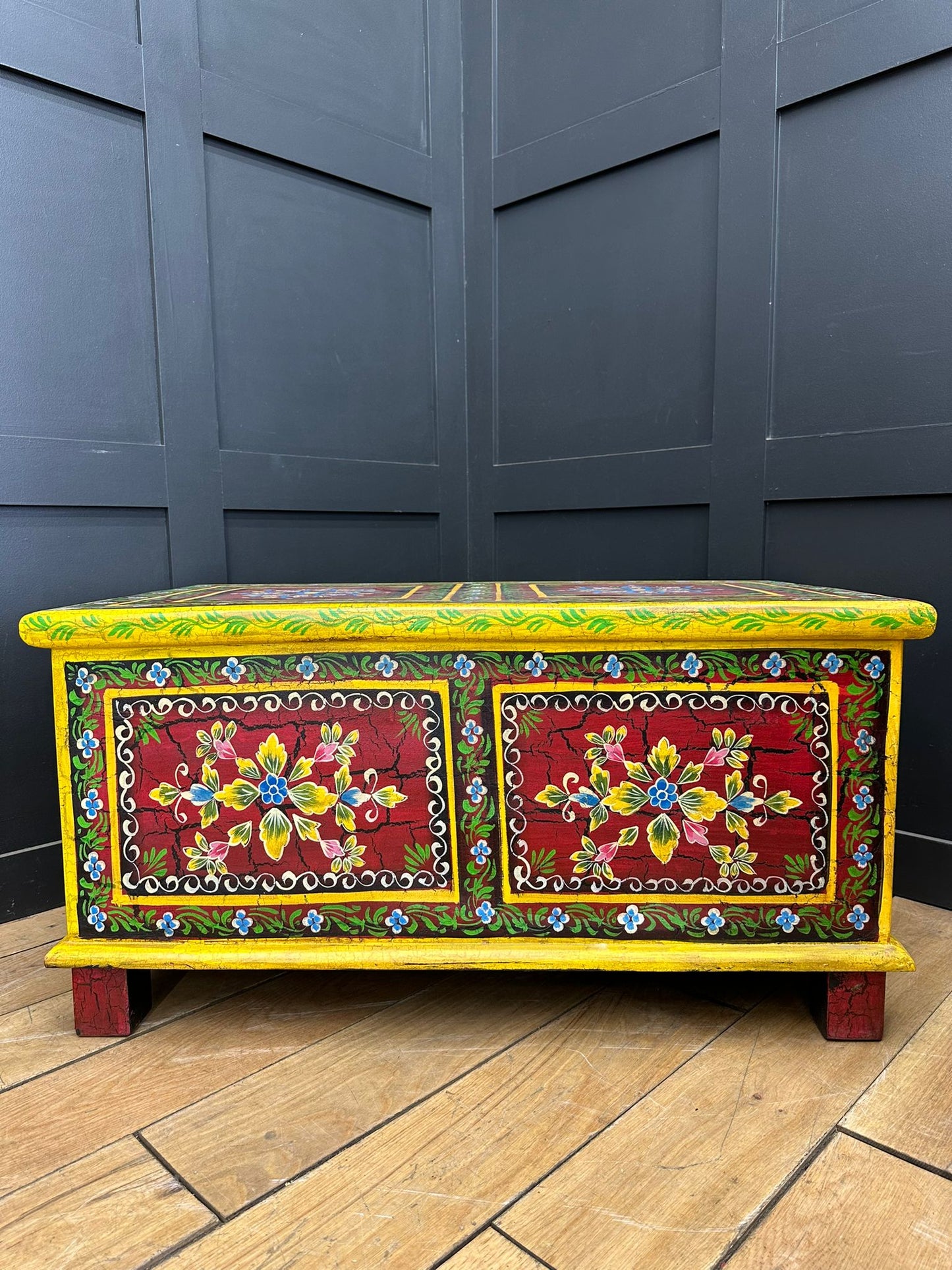 Vintage Indian Hand Painted Trunk Blanket Chest / Coffee Table / Sideboard Red