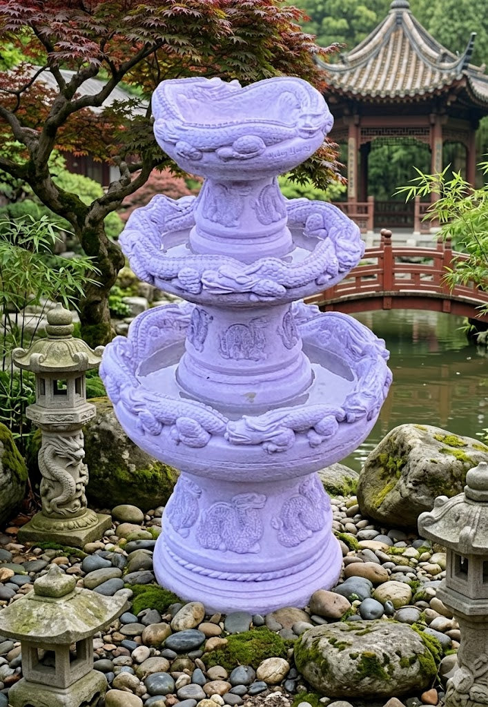 Signed Helen Young 3-Tier Dragon Planter – Japanese Style Cast Stone (65kg) - Garden Salvage Ornament