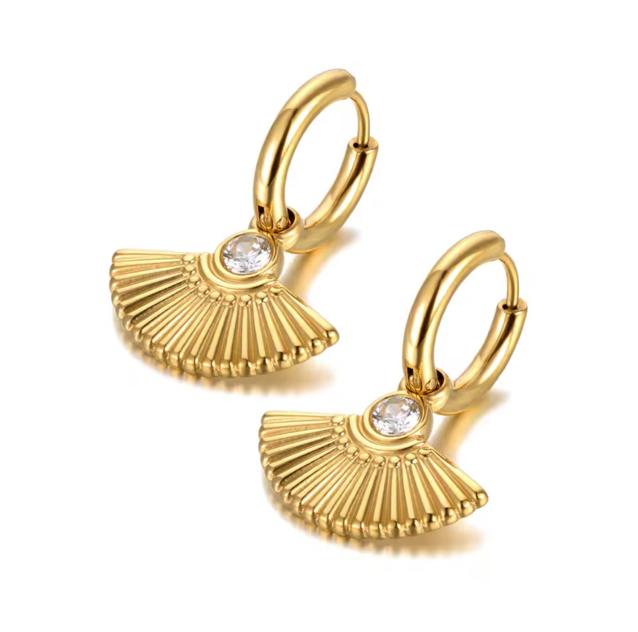 Hanaa Luxe 18k Gold Plated Fan Clear Jewel Huggie Hoops