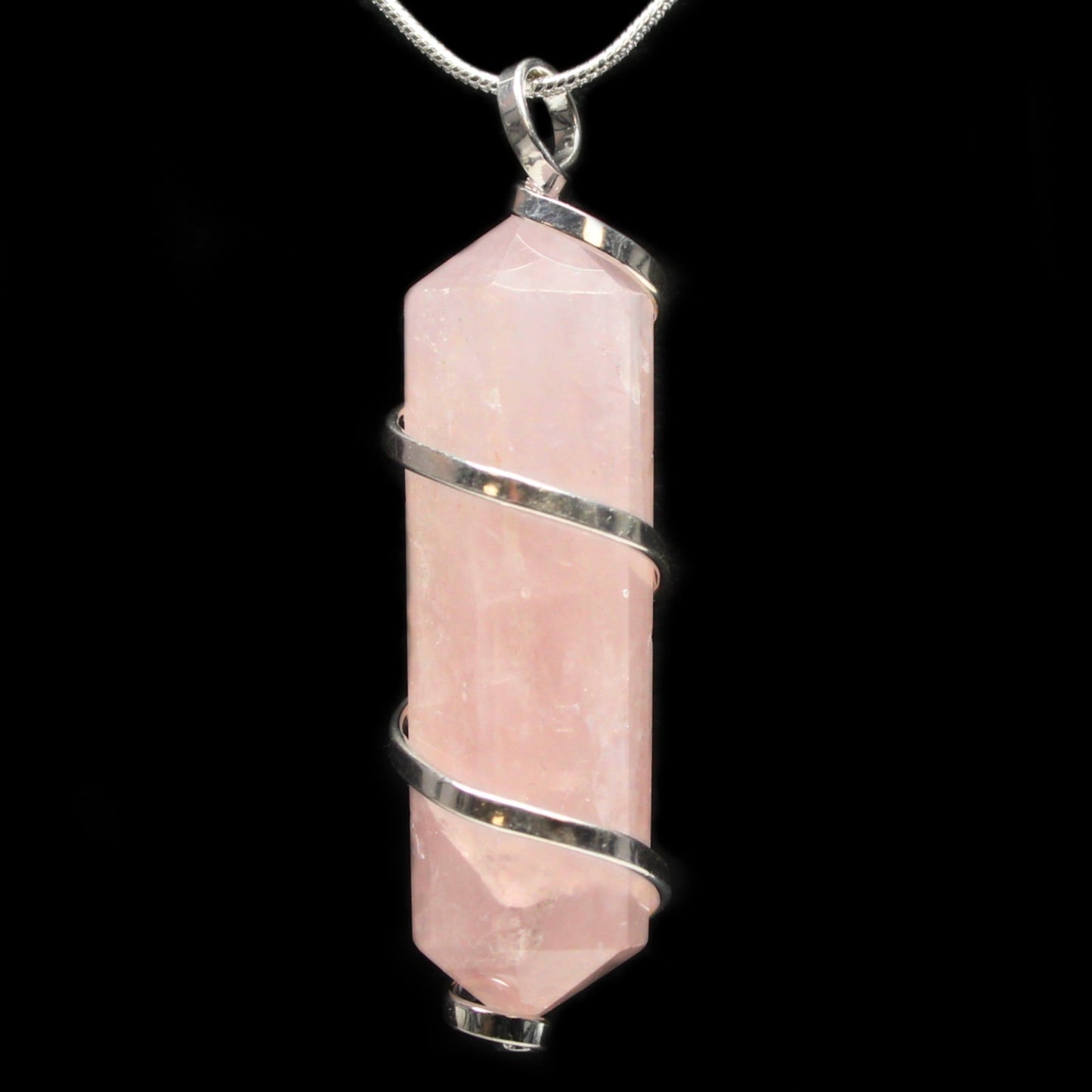 Rose Quartz Point with Spiral Pendant with Silver Chain