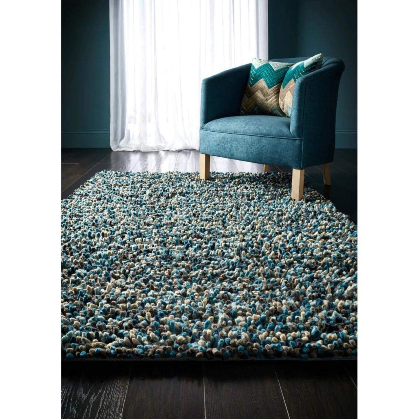Rocks Blue Shaggy Pile Wool Rug