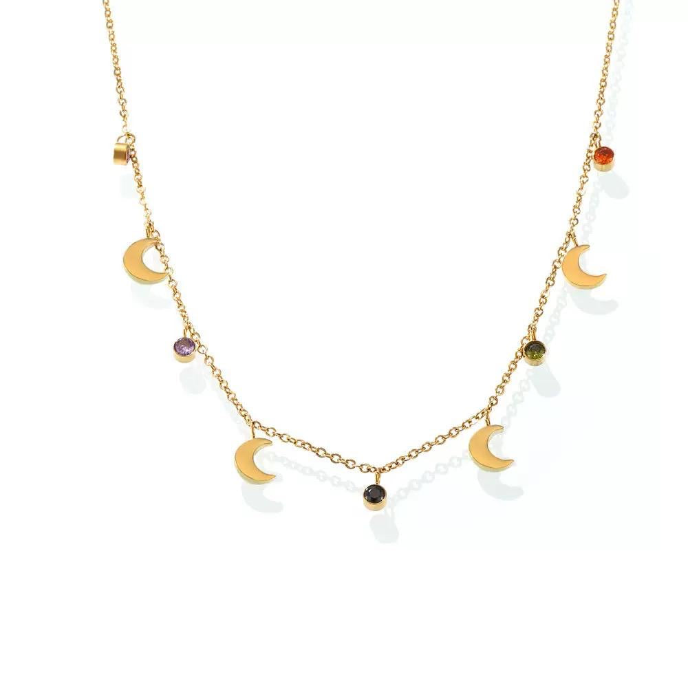 Delphine Luxe 18k Gold Plated Gold Crescent Moon & Gem Charm Necklace