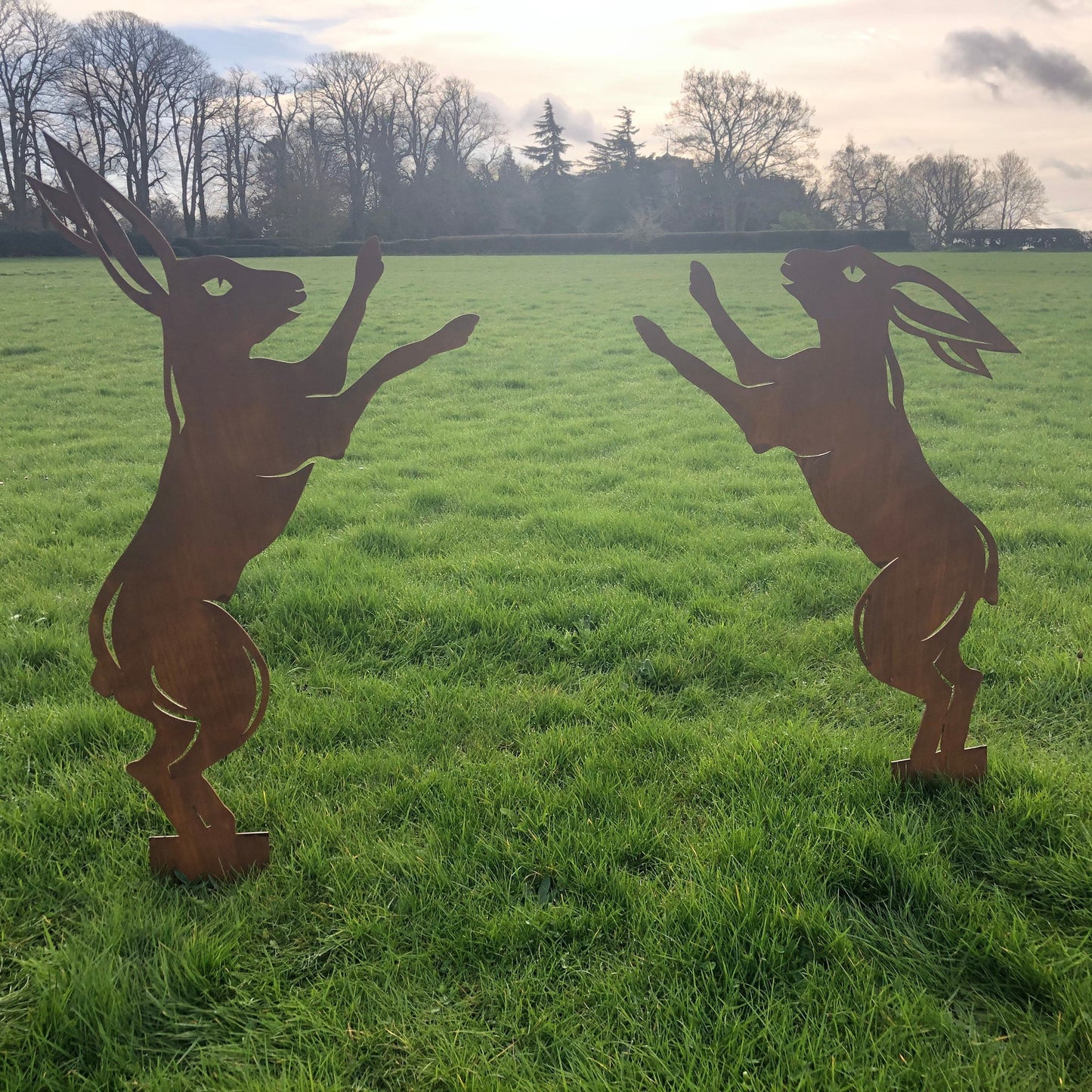 Pair Of Rusty Metal Boxing Hares Garden Decoration
