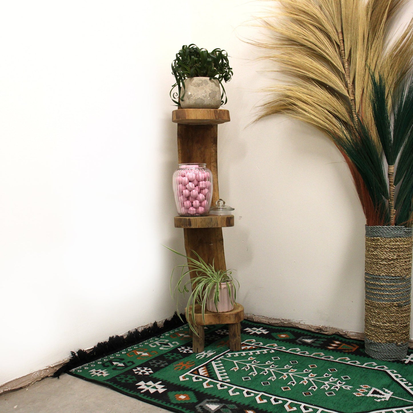 Natural Teak Log Shelve Display 3 Shelves 100cm high