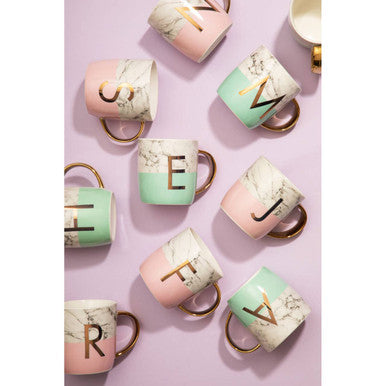 Frosted Deco Marble Effect And Pastel Green Monogram Mug L
