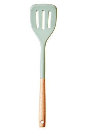 Nova Sage Green Silicone Head Slotted Turner With Round Wood Handle