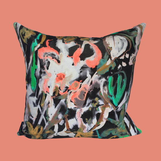 Watercolour Floral Velvet Cushion - Off black