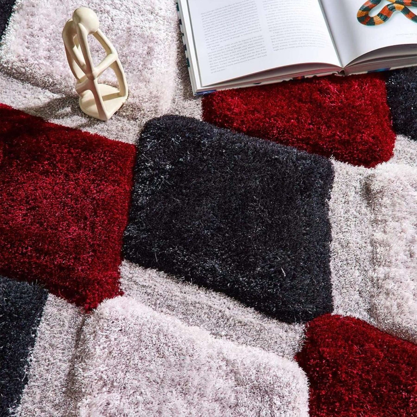 3D Red Geometric Shaggy Rug