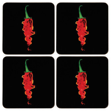 Set Of Four Flaming Chilli Coasters