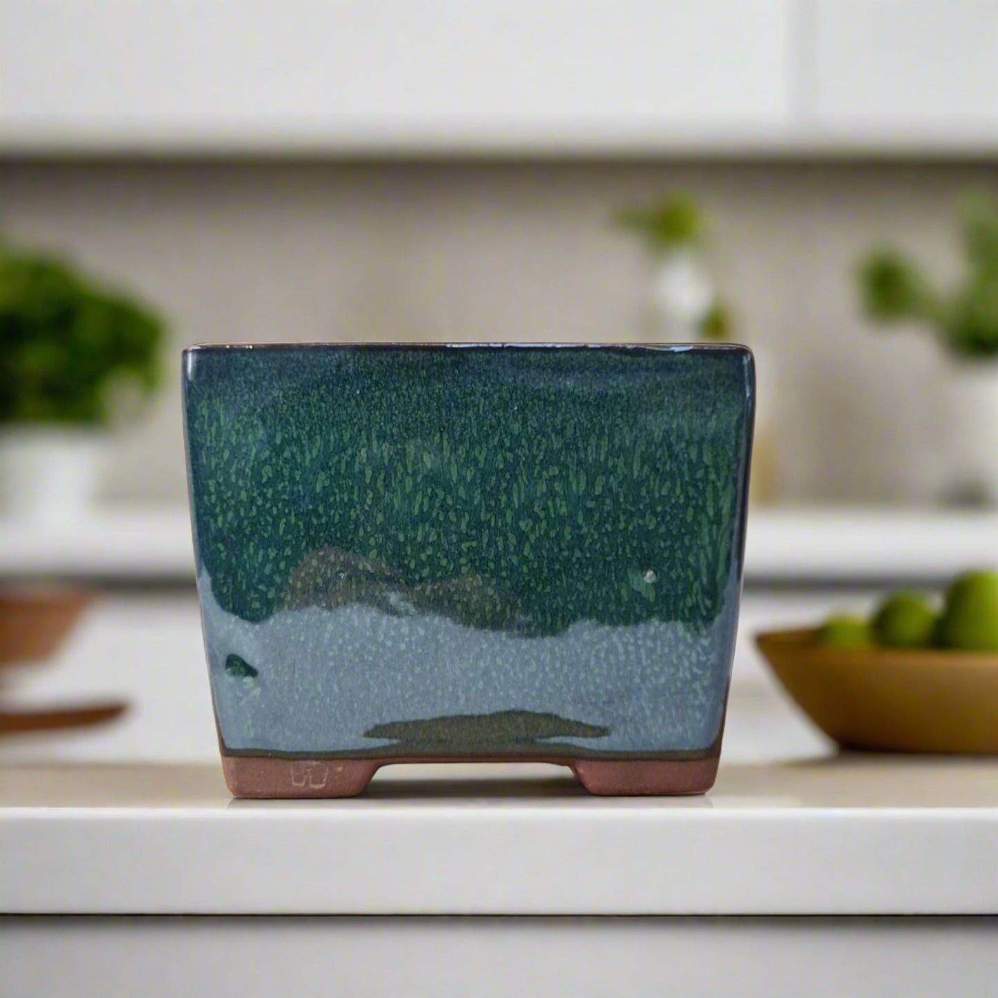 13cm Glazed Cascade Bonsai Pot | Square | 13cm x 13cm x 10cm | Dark Green