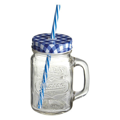 Embossed Mason Square Jar Mug With Blue Gingham Lid