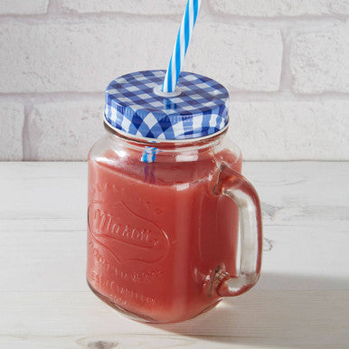 Embossed Mason Square Jar Mug With Blue Gingham Lid