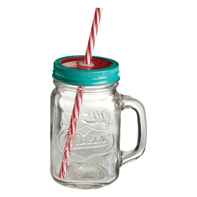 Embossed Mason Square Jar Mug With Watermelon Lid