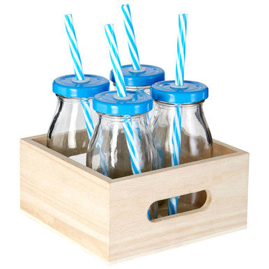 Set Of 4 Milk Bottles With Blue Straws And Lids