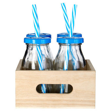 Set Of 4 Milk Bottles With Blue Straws And Lids