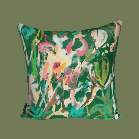 Watercolour Floral Velvet Cushion - Emerald