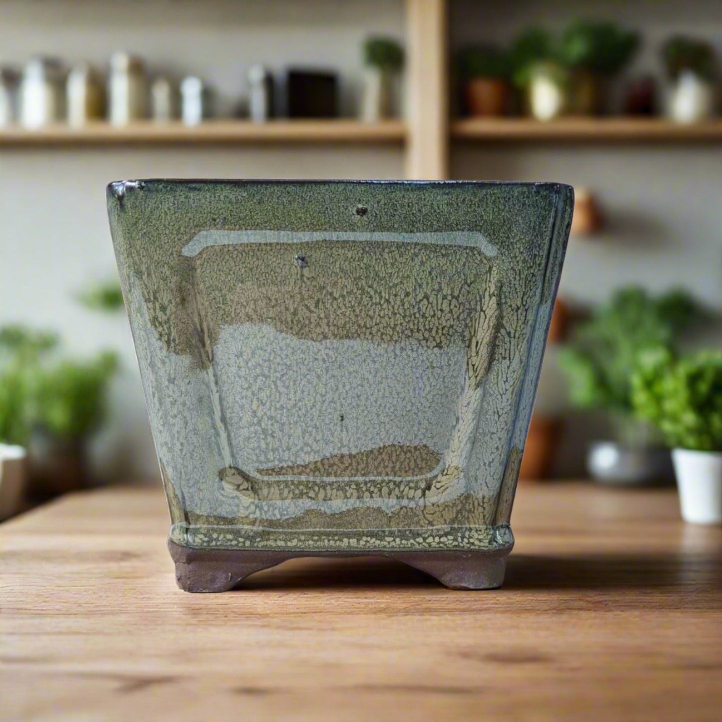 14cm Glazed Cascade Bonsai Pot | Square | 14cm x 14cm x 13cm | Green