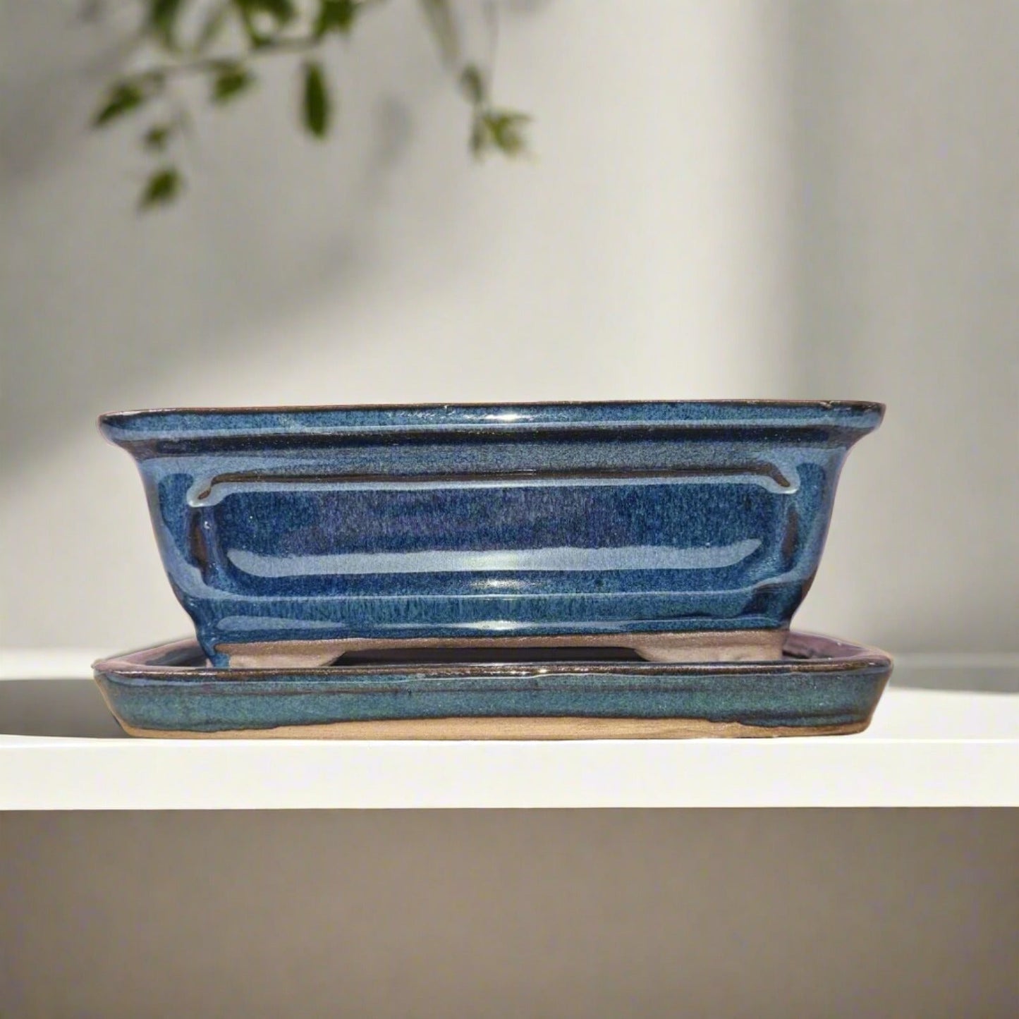 16cm Glazed Bonsai Pot | Rectangle | 16cm x 13cm x 6cm | Blue