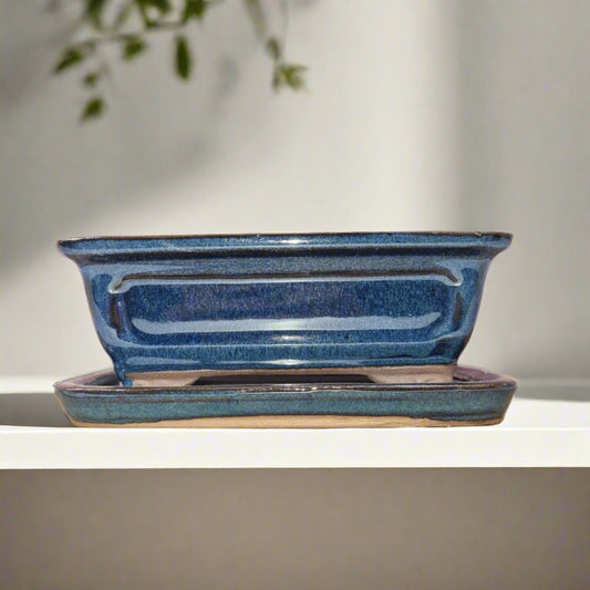 16cm Glazed Bonsai Pot | Rectangle | 16cm x 13cm x 6cm | Blue