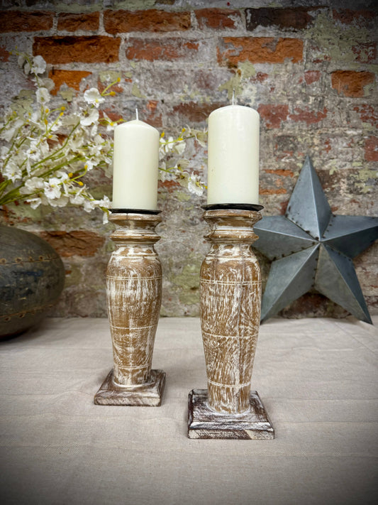 Pair Of Rustic Wooden Candle Holders / Large Church Candle Candlesticks /A