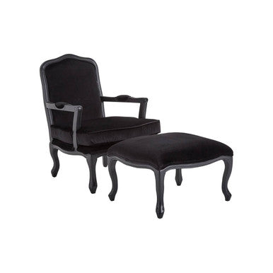 Rococo Black Shiny Velvet Chair And Footstool