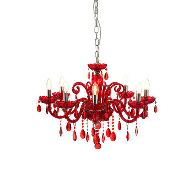 Murano 8 Bulb Chrome And Red Crystal Glass Chandelier