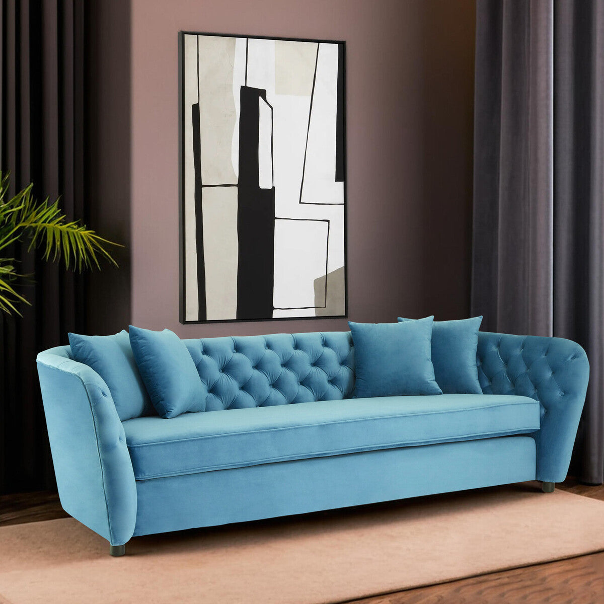 Riva 3 Seat Cyan Velvet Sofa