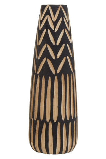 Arlo Large Wooden Engraved Vase In Black And Natural