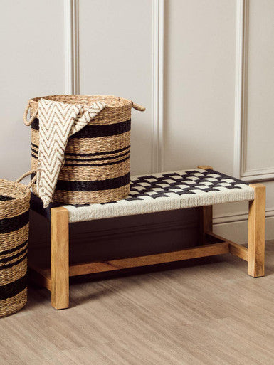 Satna Jute Black And White Design Mango Wood Frame Bench