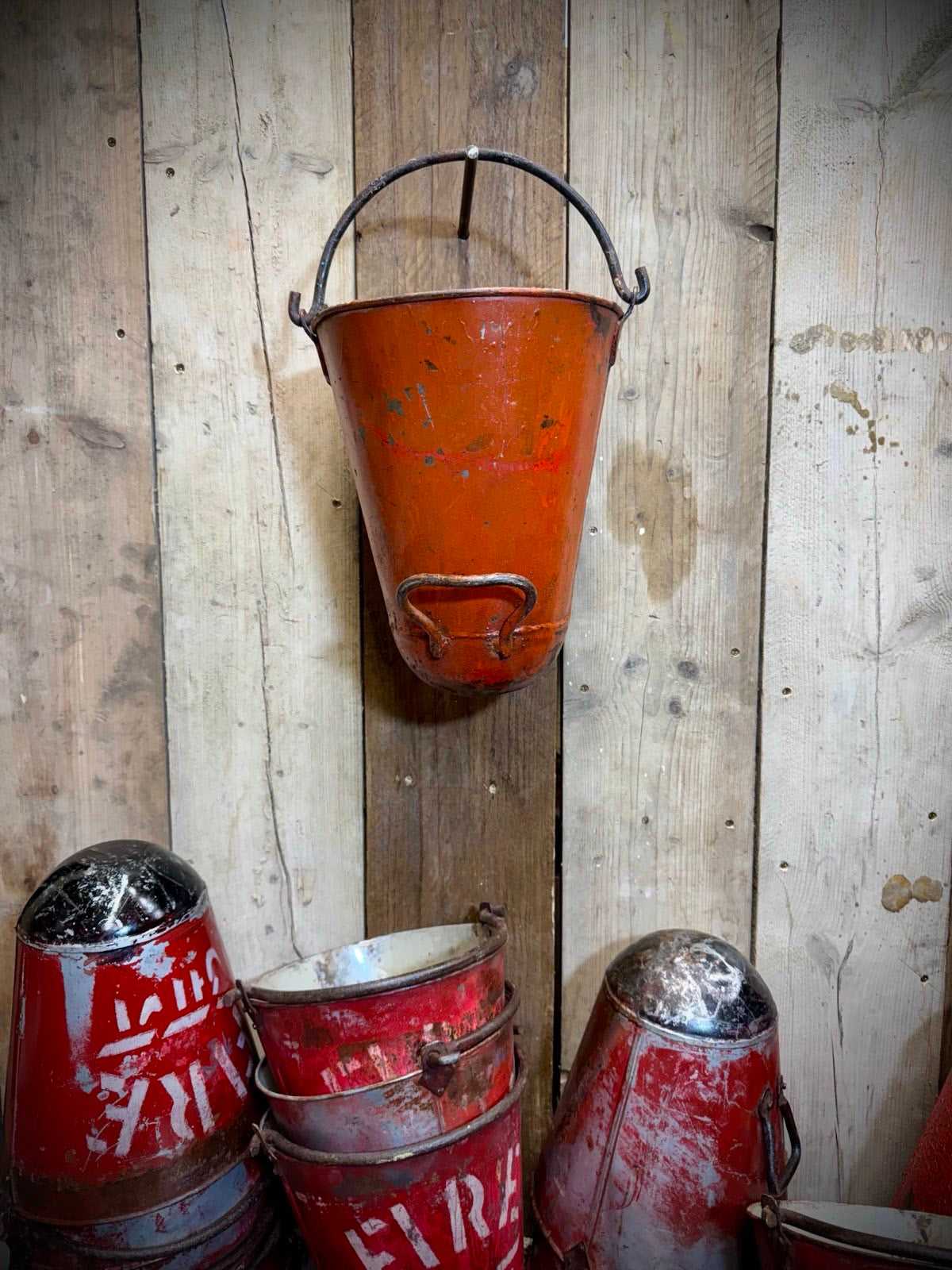 Vintage Galvanised Hanging Fire Bucket Hanging Basket / Plant Pot Planter Pail B