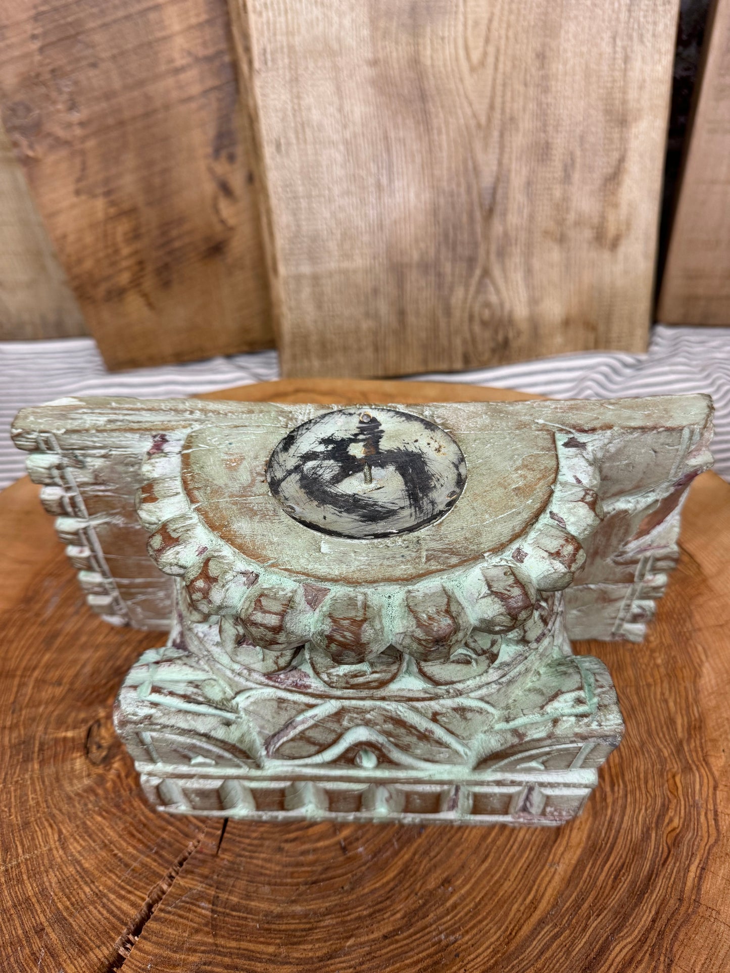 Rustic Church Candle Holder / Indian Pillar Base Holder / Farmhouse Decor Green