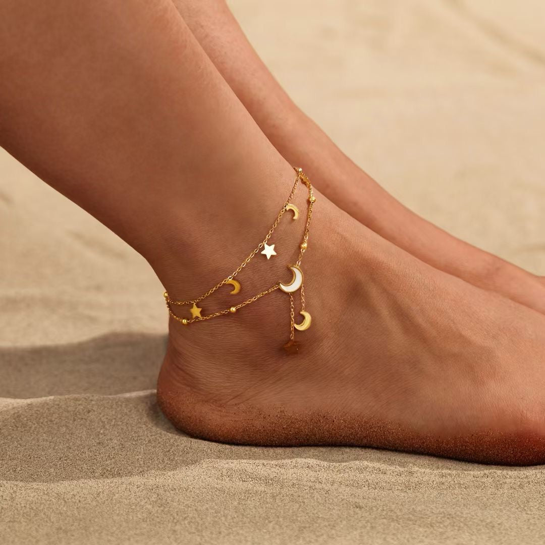 Cassia Luxe 18k Gold Double Layer Celestial Moon and Star Gold Anklet