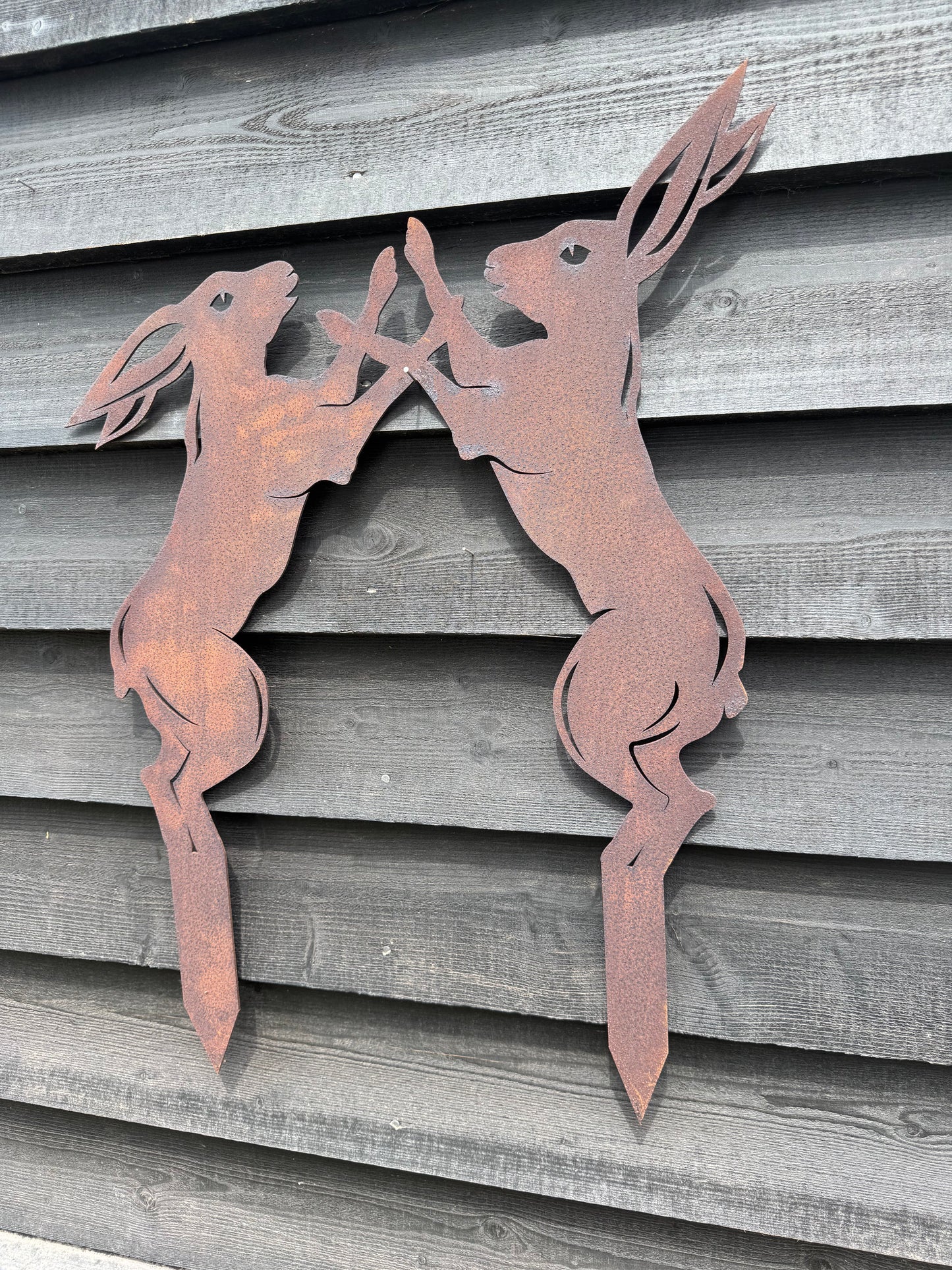 Rusty Metal Boxing Hares Garden Decoration