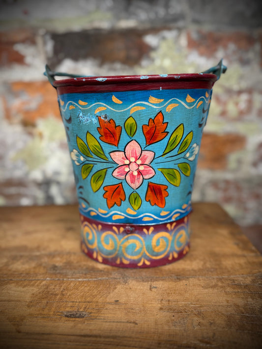 Vintage Small Hand Painted Bucket / Plant Pot / Herb Planter / Blue / Pail