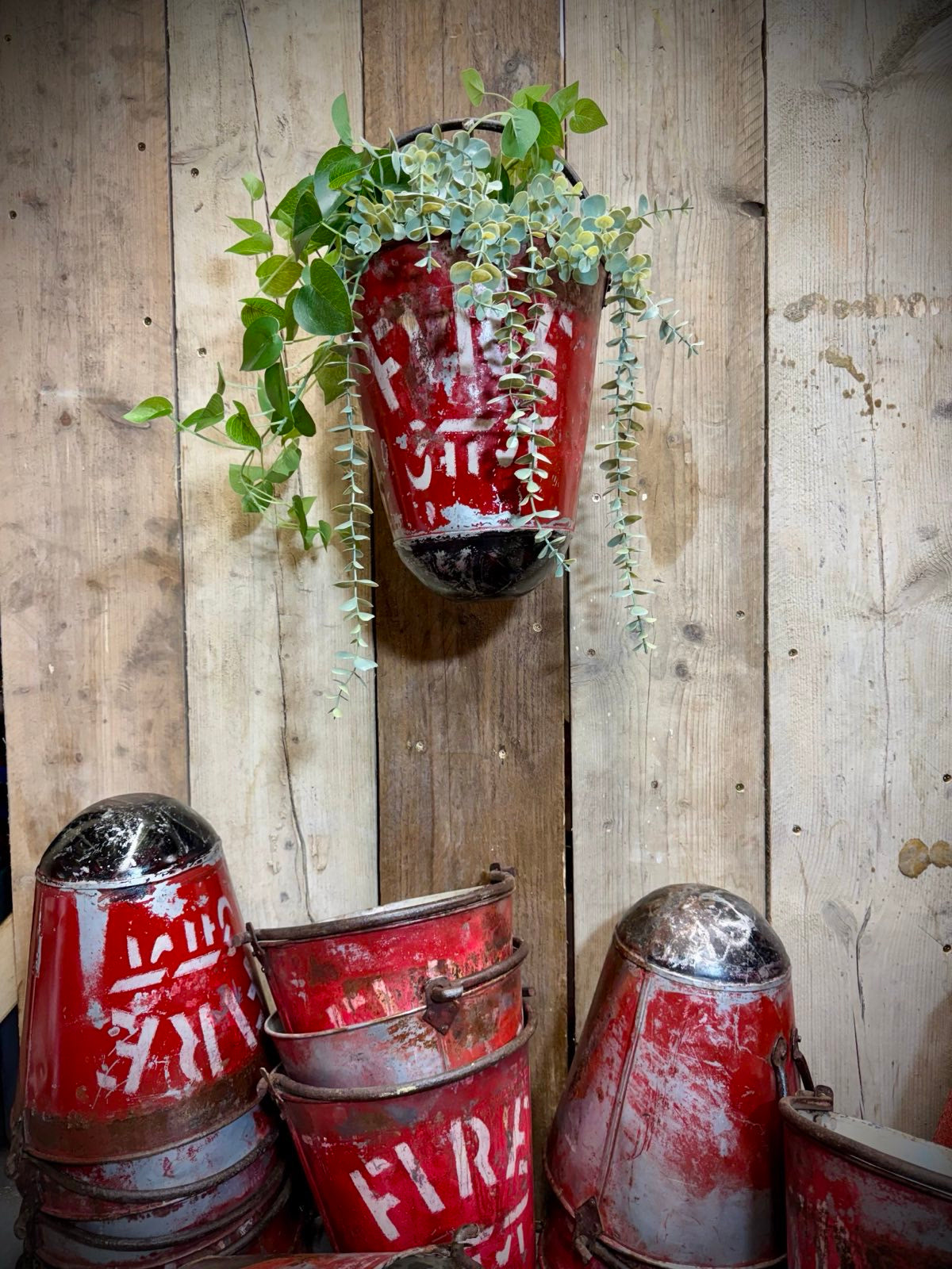 Vintage Galvanised Hanging Fire Bucket Hanging Basket / Plant Pot Planter Pail