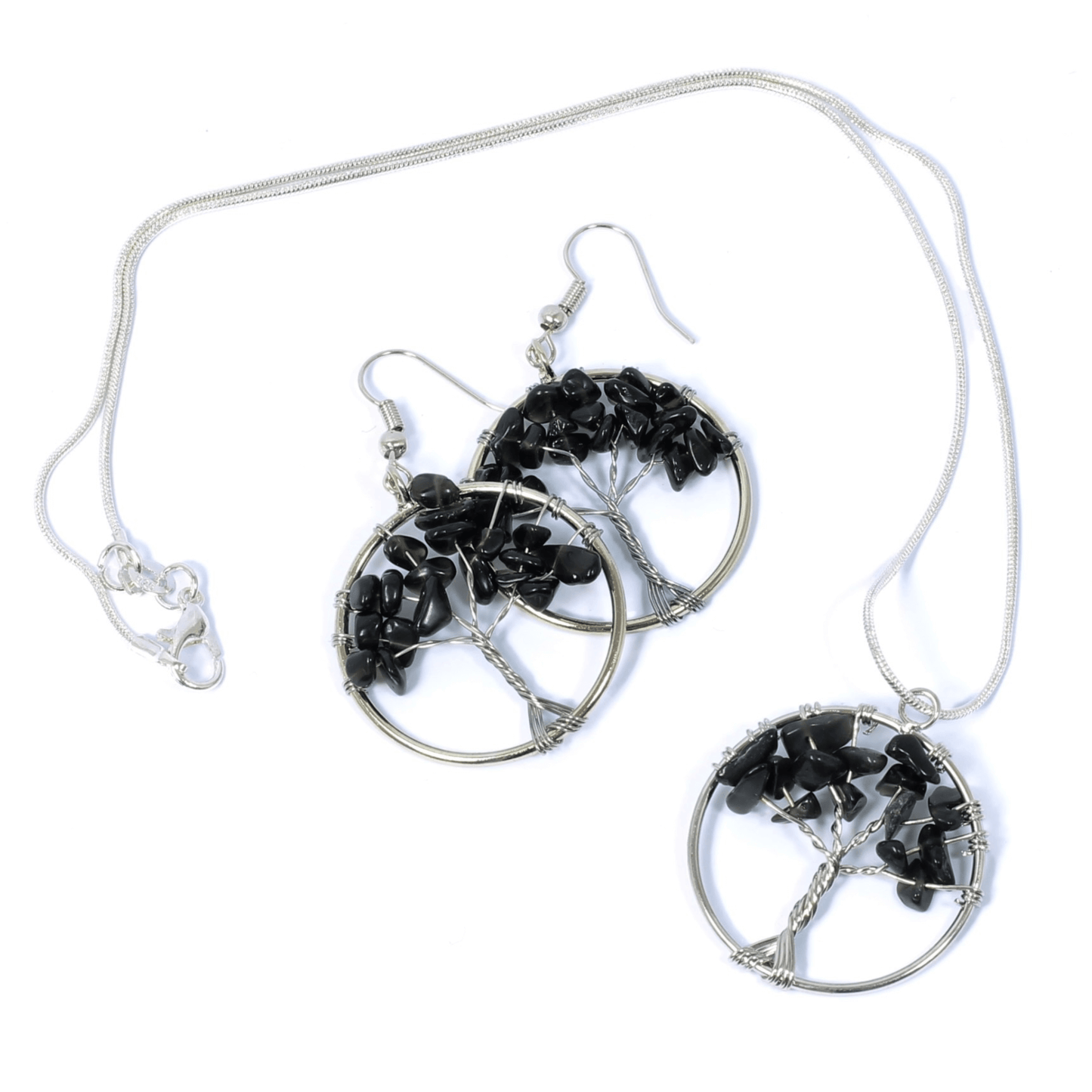 Black Obsidian Tree Of Life Jewellery Set (Necklace & Earrings)