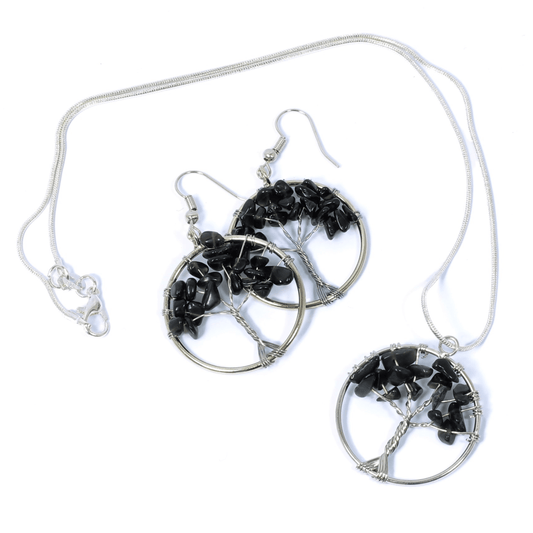 Black Obsidian Tree Of Life Jewellery Set (Necklace & Earrings)