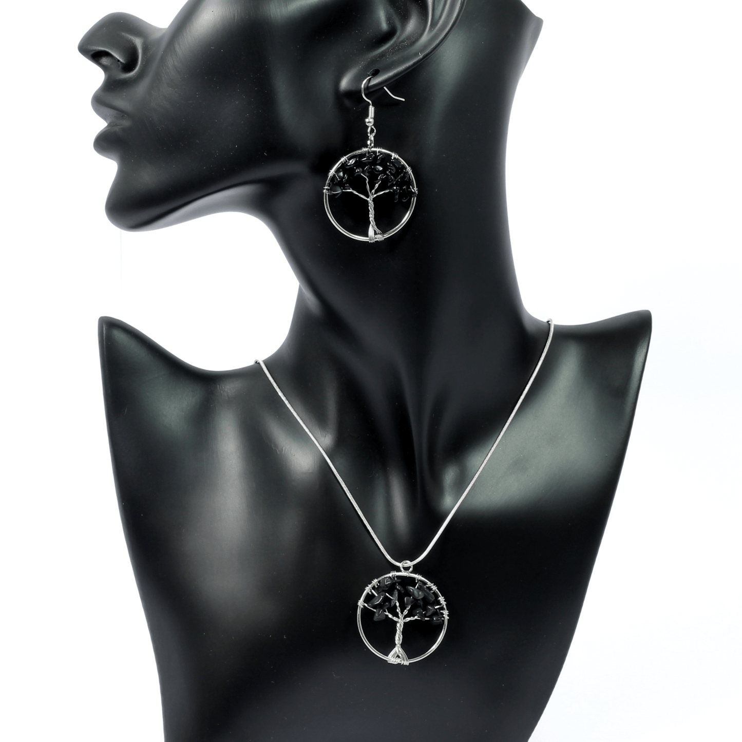 Black Obsidian Tree Of Life Jewellery Set (Necklace & Earrings)
