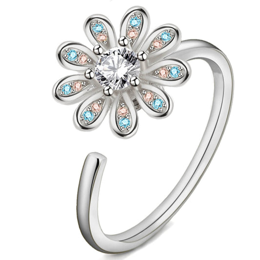 Anti Anxiety Blue Diamond Daisy Ring - Silver