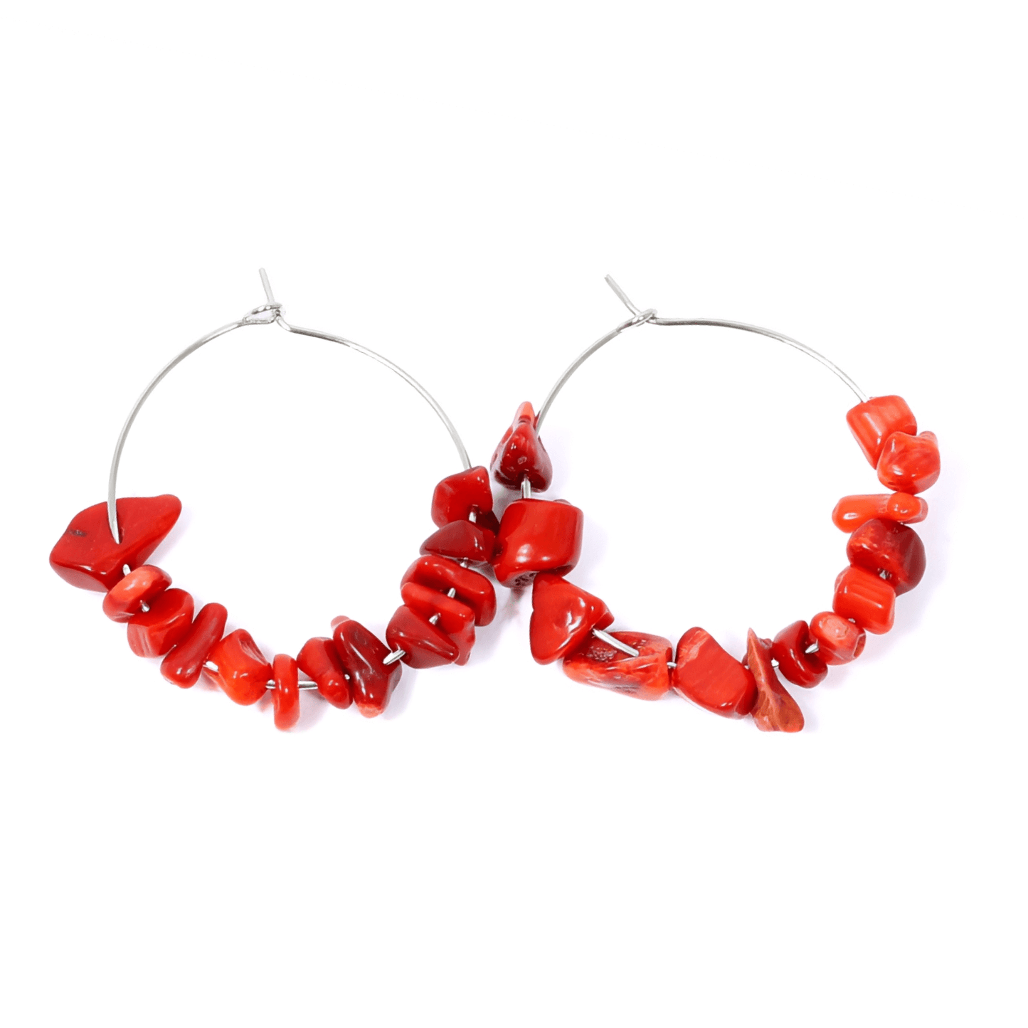 Red Coral Crystal Chip Hoop Earrings