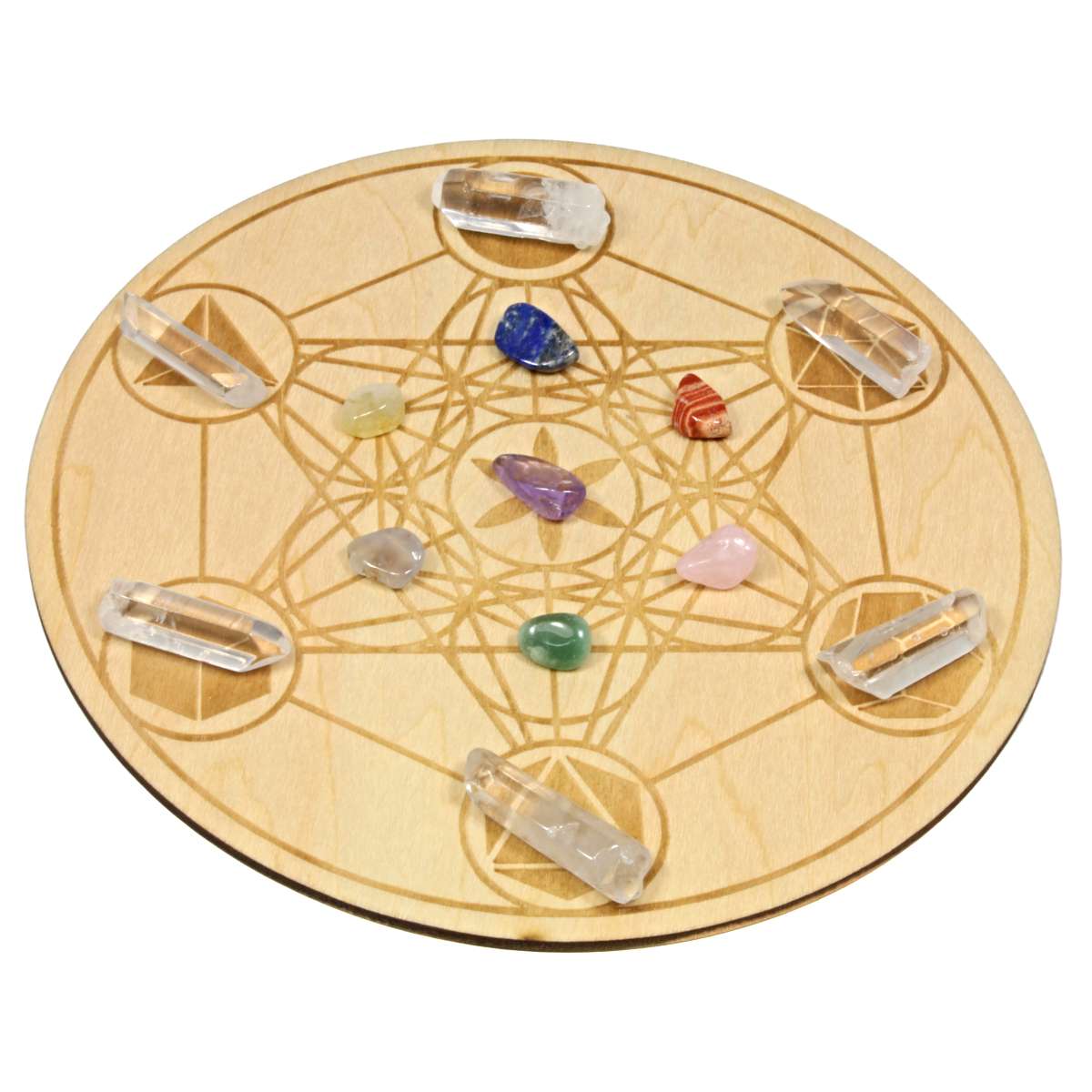 Mini Chakra Crystal & Wooden Geometric Crystal Grid Set