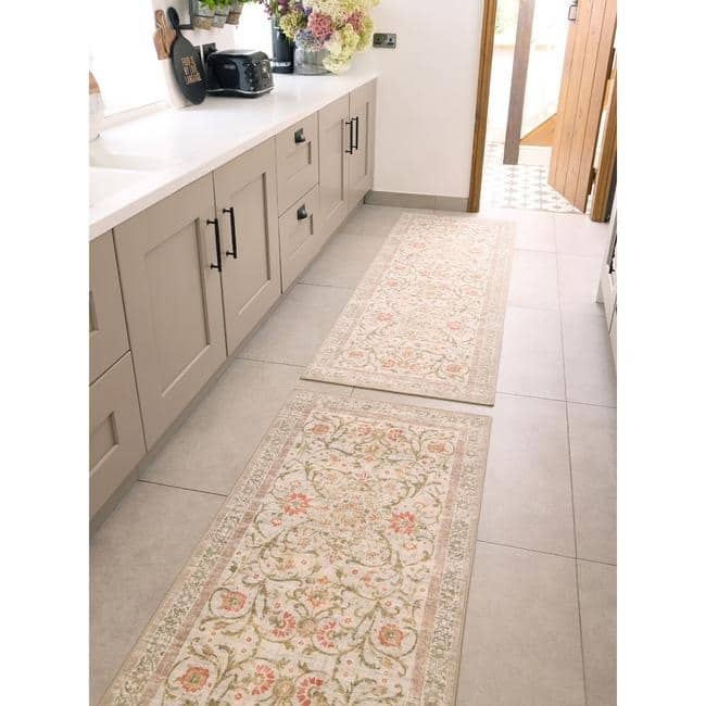 Eco-Washable Beige Rug Flowers Design