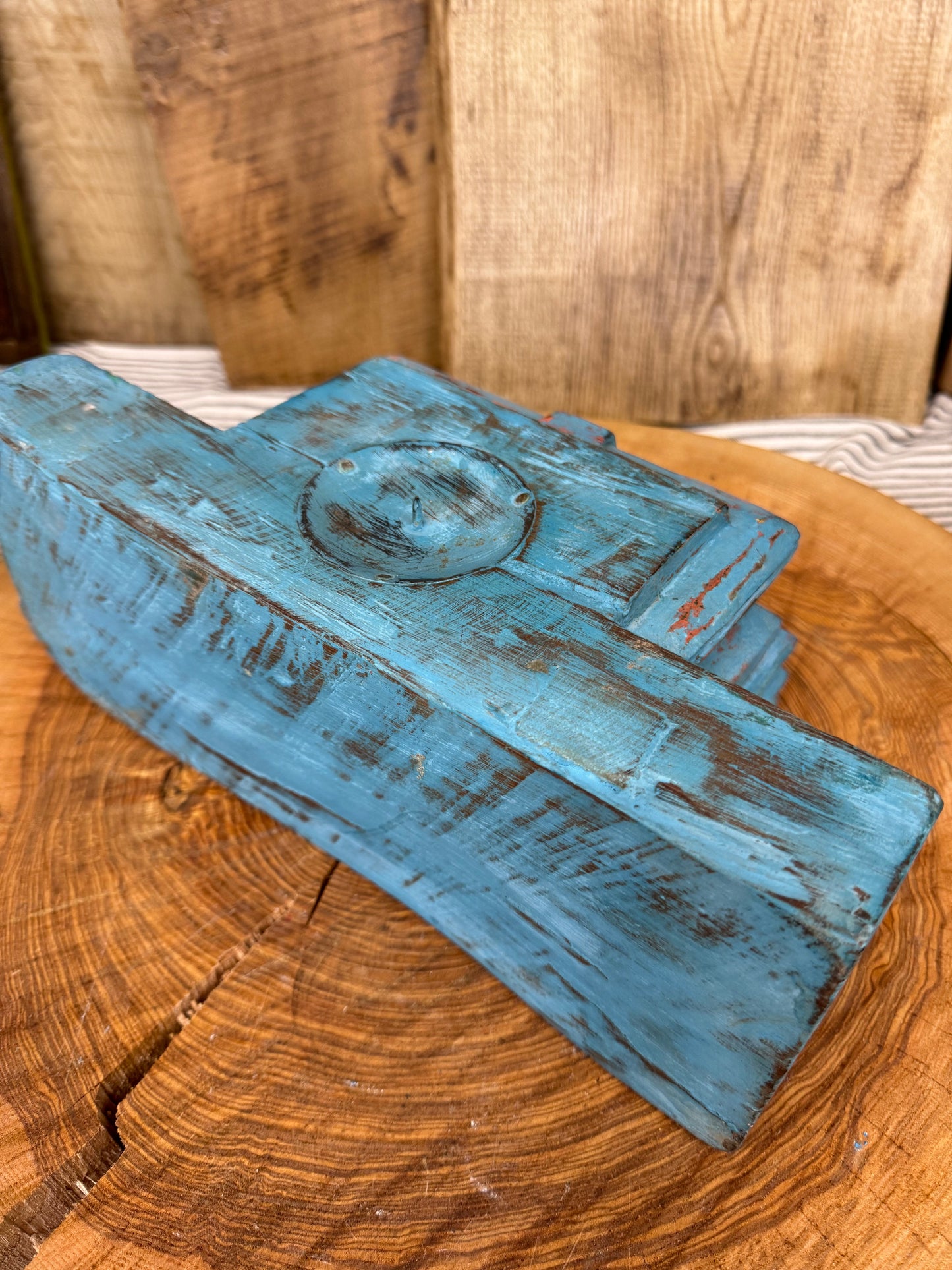 Rustic Church Candle Holder / Indian Pillar Base Holder / Farmhouse Decor Blue