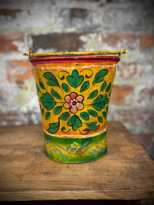 Vintage Small Hand Painted Bucket / Plant Pot / Herb Planter / yellow / Pail