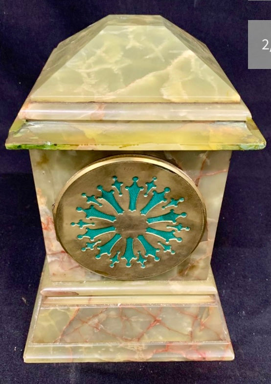 Antique Green Marble Mantle Clock, with Key, height 27cms - £79 Interiors